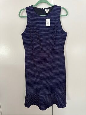 NWT J. Crew Blue and White Polka Dot flounce hem sheath dress, sz. 8